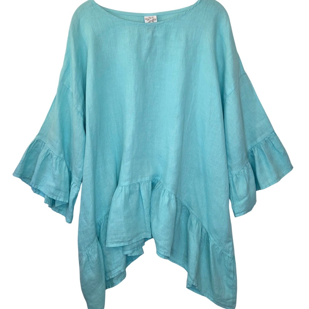 Match Point USA Linen Tunic Top Turquoise Blue Ruffle Hem Bell Sleeve M